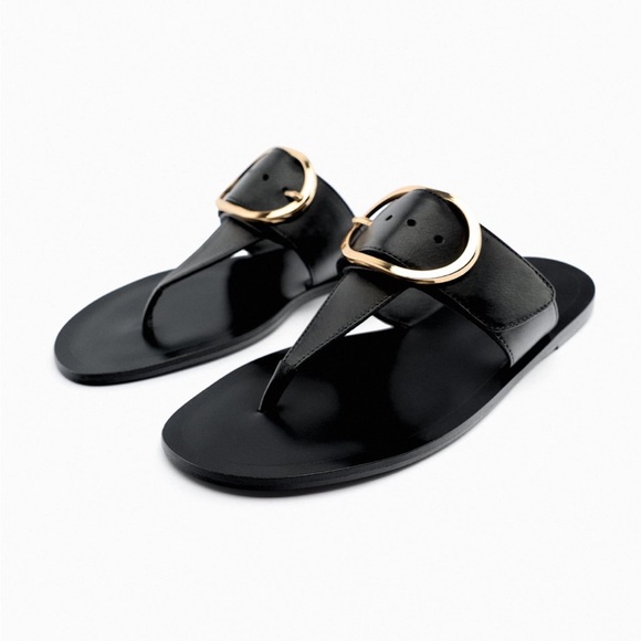 ZARA FLAT LEATHER SANDALS WITH BUCKLE NWT - Picture 6 of 6